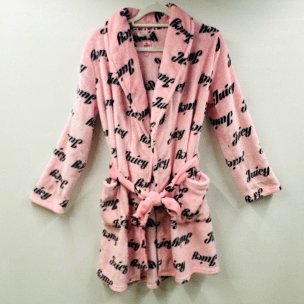 Juicy Couture Womens Bathrobe Pink Spell Out Short Tie Front Pockets Robe Sz S/M